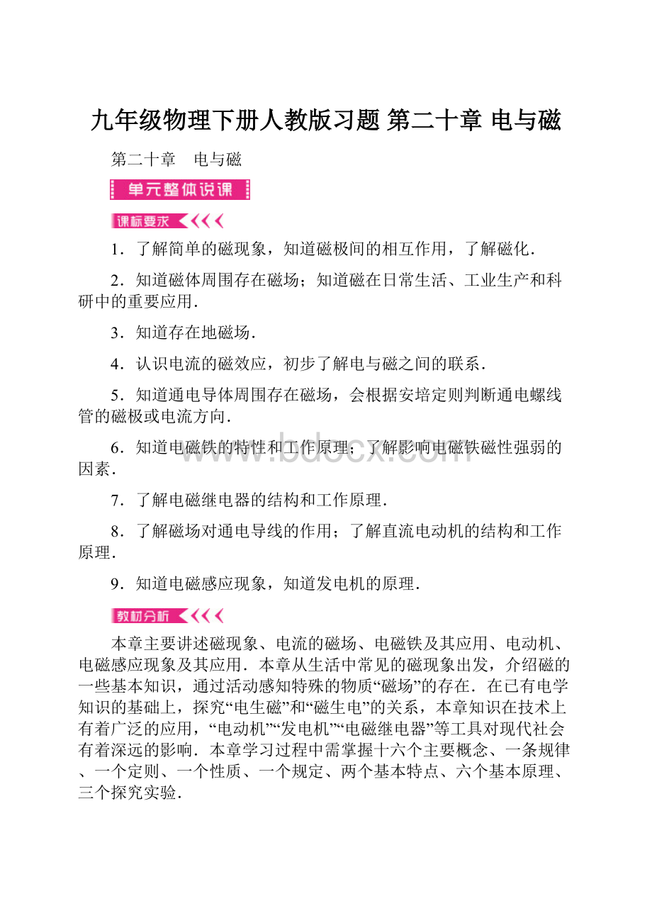 九年级物理下册人教版习题 第二十章 电与磁.docx_第1页