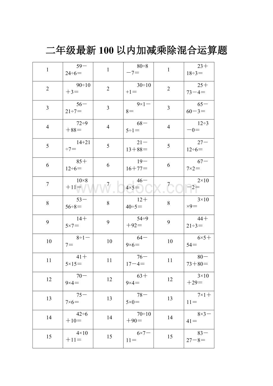 二年级最新100以内加减乘除混合运算题.docx