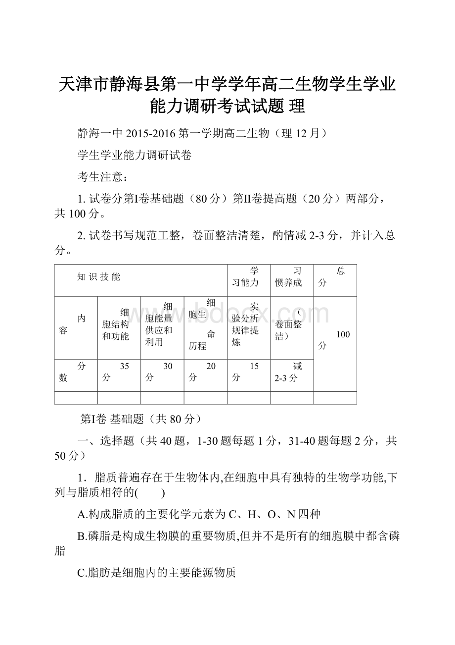 天津市静海县第一中学学年高二生物学生学业能力调研考试试题 理.docx_第1页