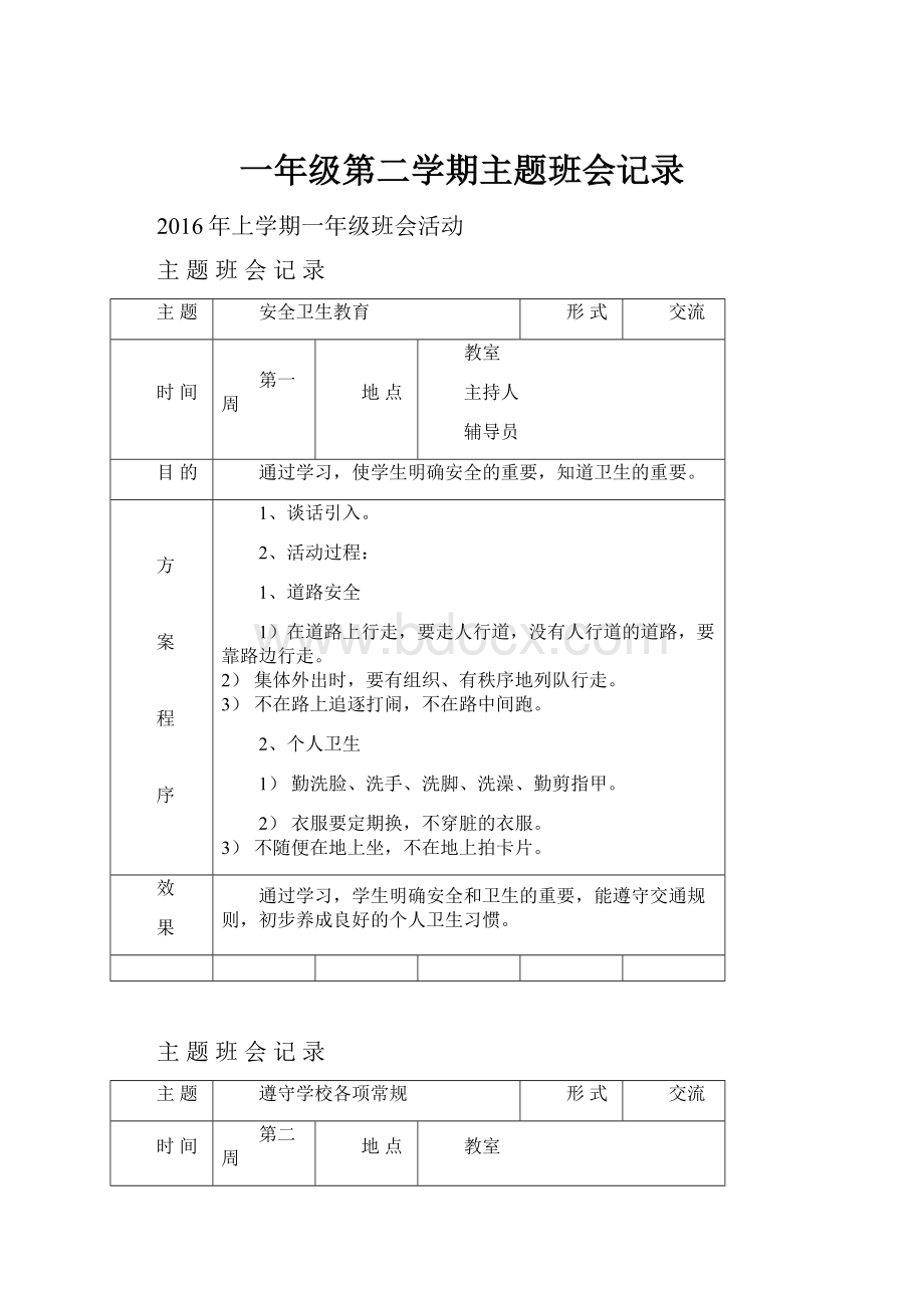 一年级第二学期主题班会记录.docx