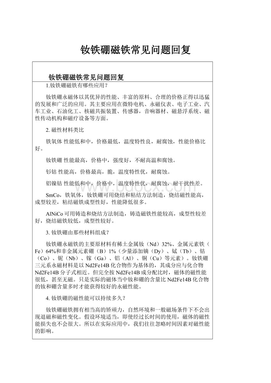 钕铁硼磁铁常见问题回复Word文档下载推荐.docx_第1页