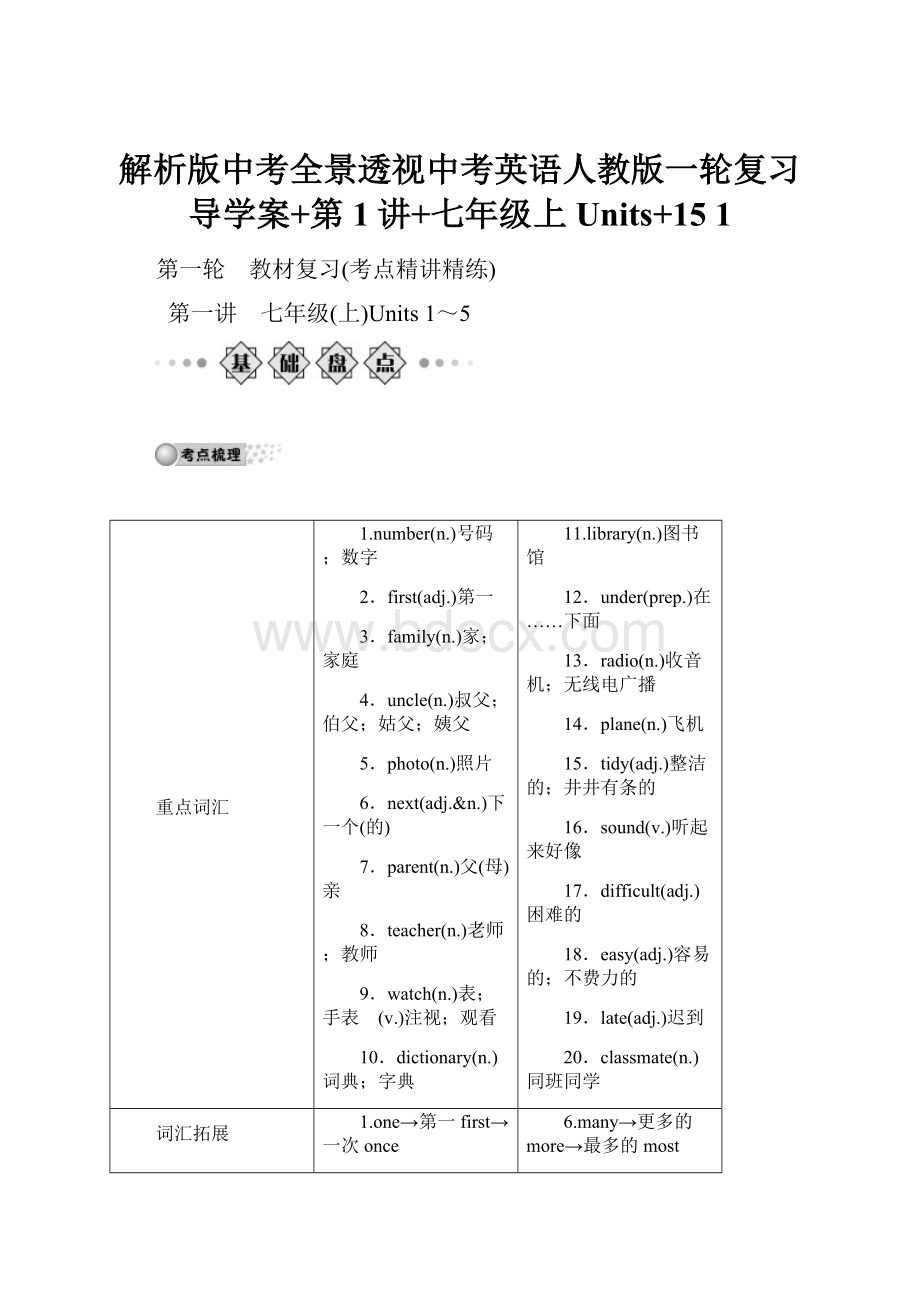 解析版中考全景透视中考英语人教版一轮复习导学案+第1讲+七年级上Units+15 1.docx_第1页