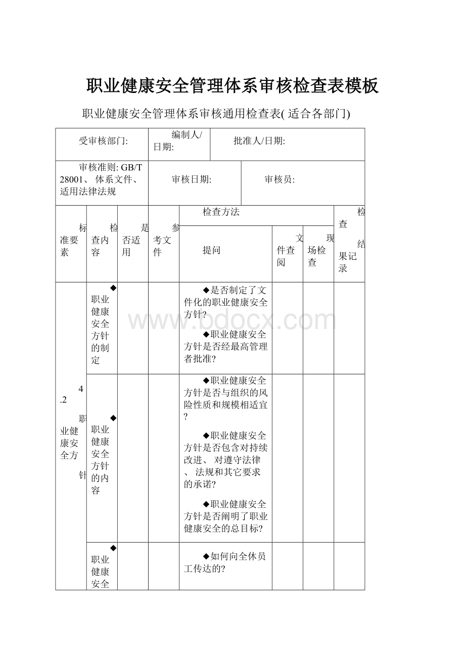 职业健康安全管理体系审核检查表模板文档格式.docx_第1页