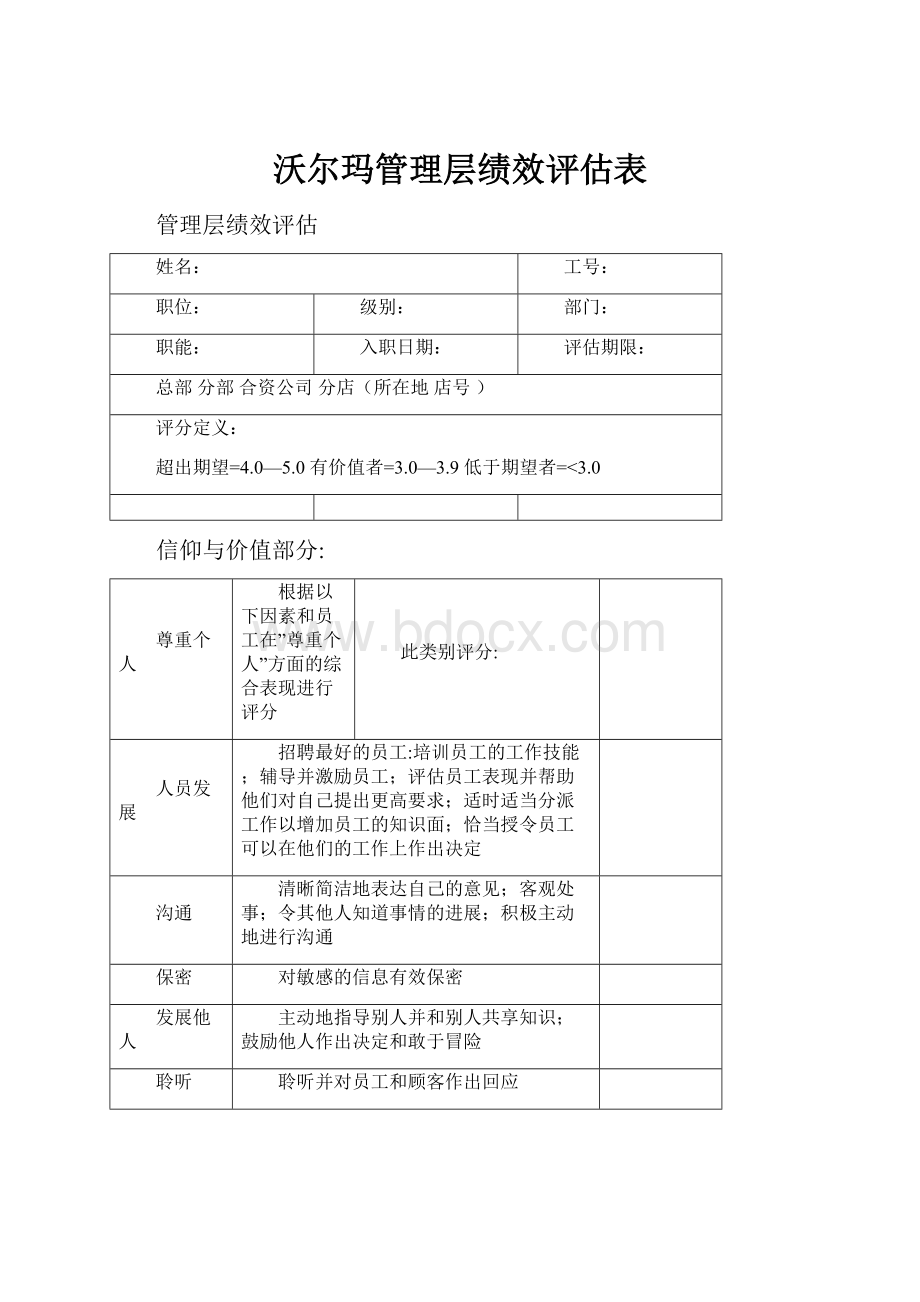 沃尔玛管理层绩效评估表Word下载.docx