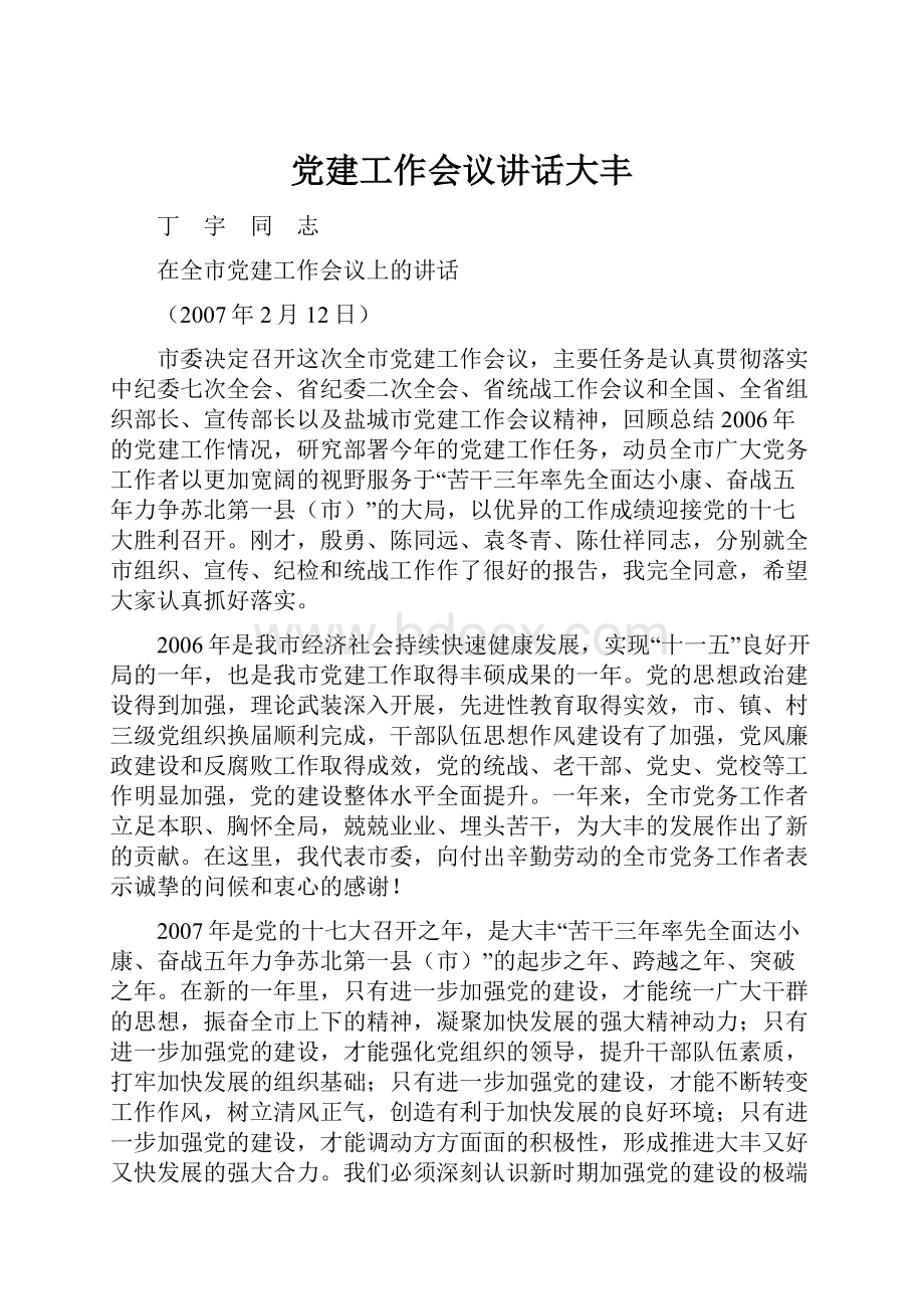 党建工作会议讲话大丰.docx_第1页