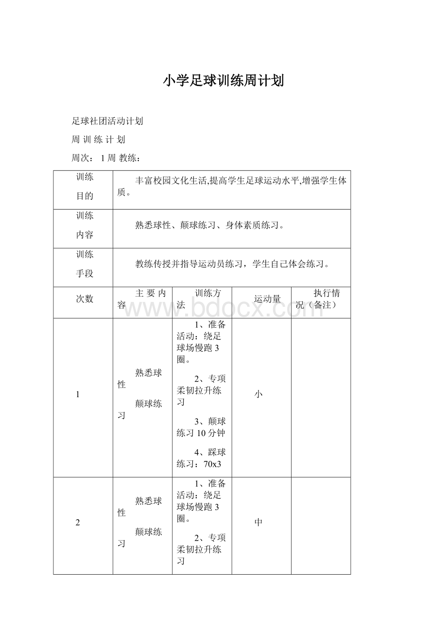 小学足球训练周计划Word文档下载推荐.docx_第1页