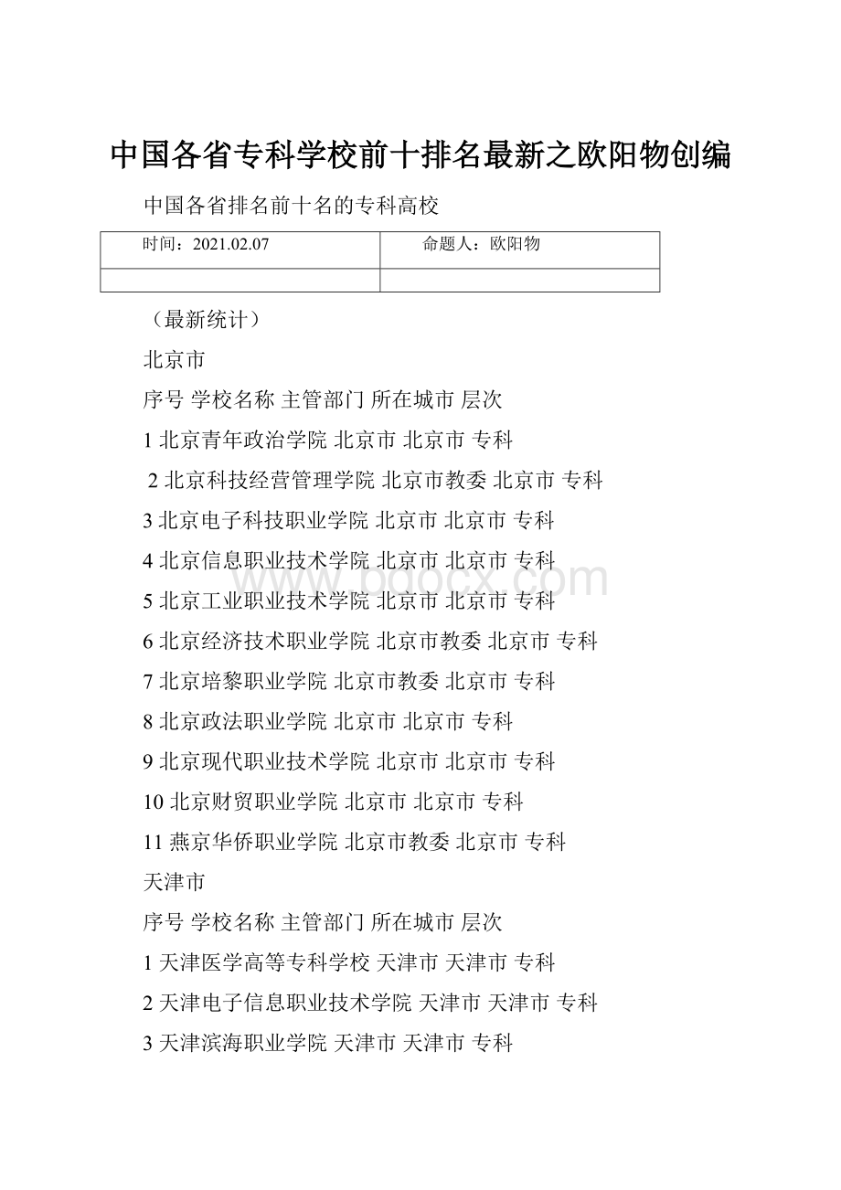 中国各省专科学校前十排名最新之欧阳物创编Word文档下载推荐.docx_第1页