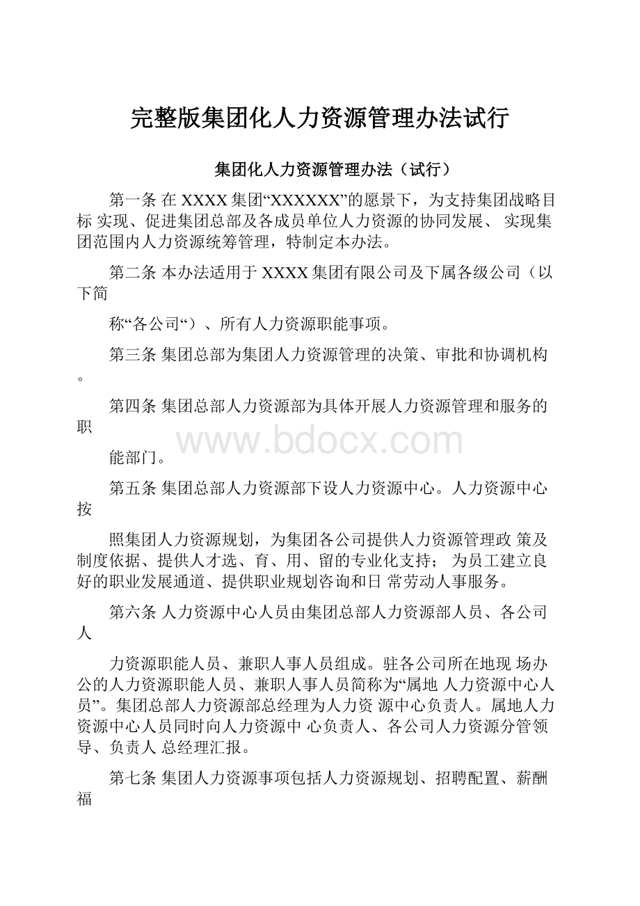 完整版集团化人力资源管理办法试行Word下载.docx