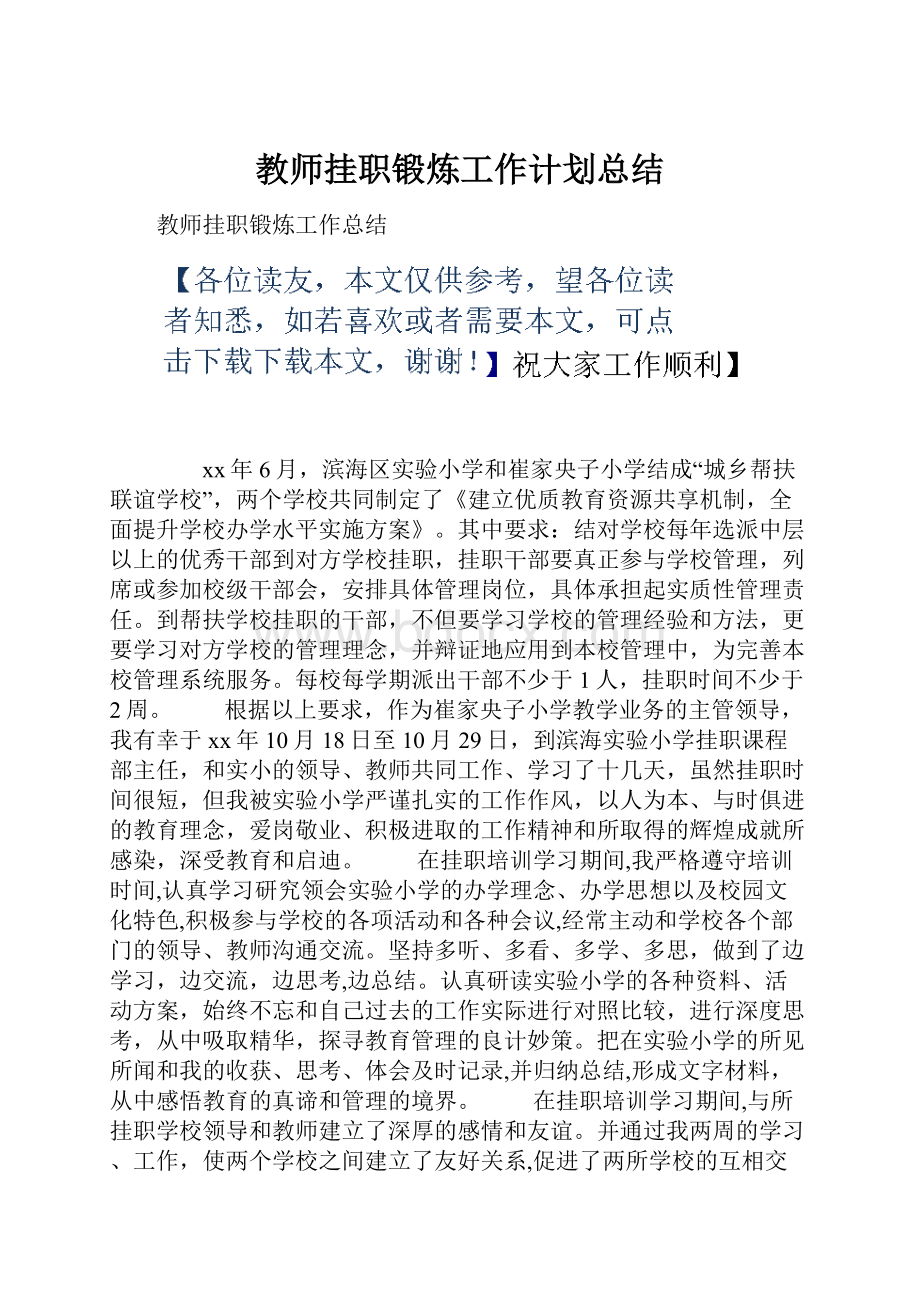 教师挂职锻炼工作计划总结Word文件下载.docx