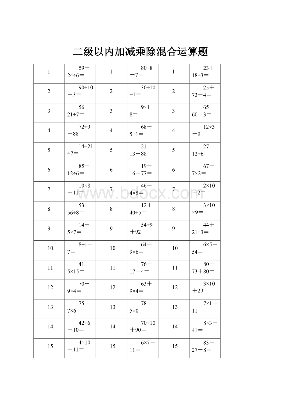 二级以内加减乘除混合运算题Word格式.docx_第1页