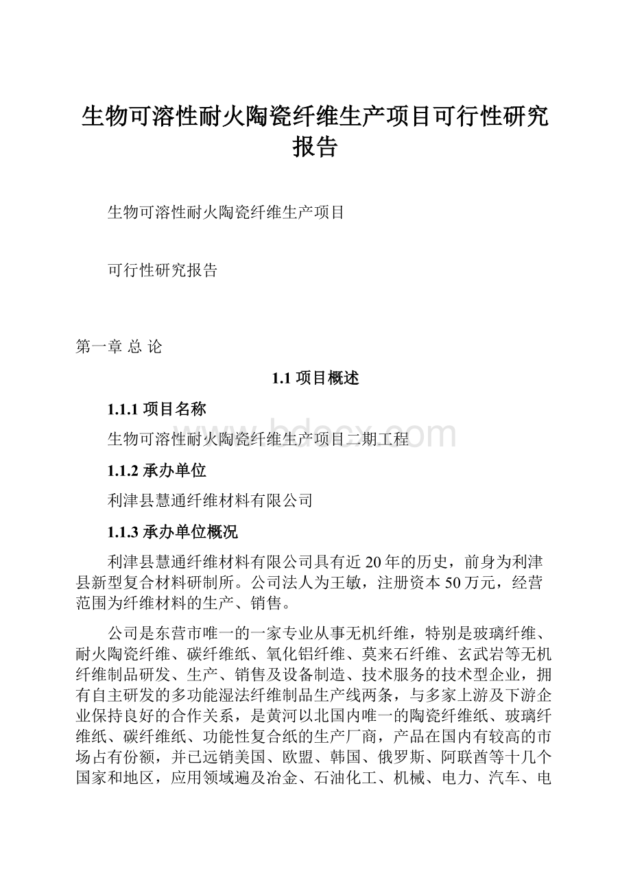 生物可溶性耐火陶瓷纤维生产项目可行性研究报告Word格式文档下载.docx_第1页