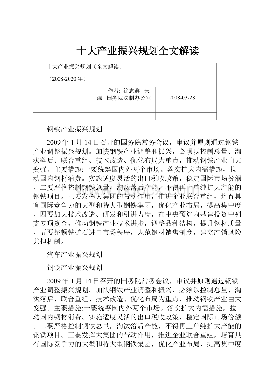 十大产业振兴规划全文解读.docx