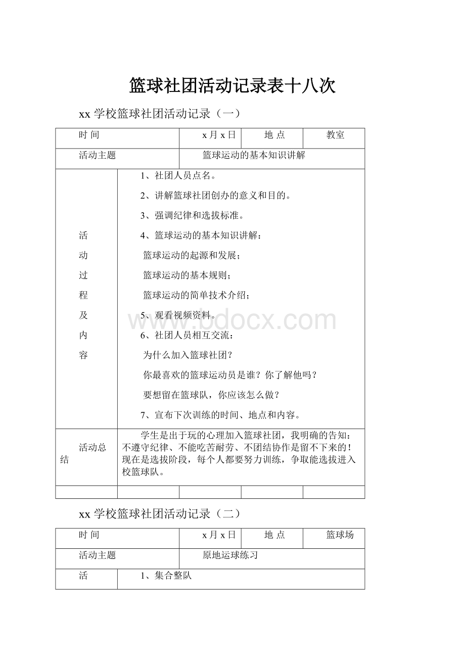 篮球社团活动记录表十八次Word文档格式.docx