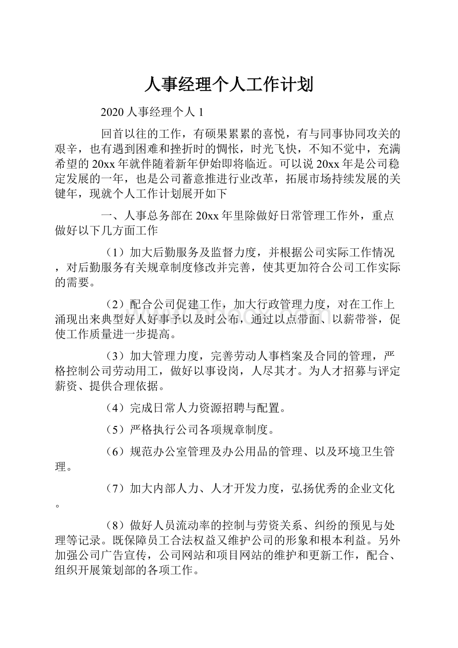 人事经理个人工作计划Word格式文档下载.docx_第1页