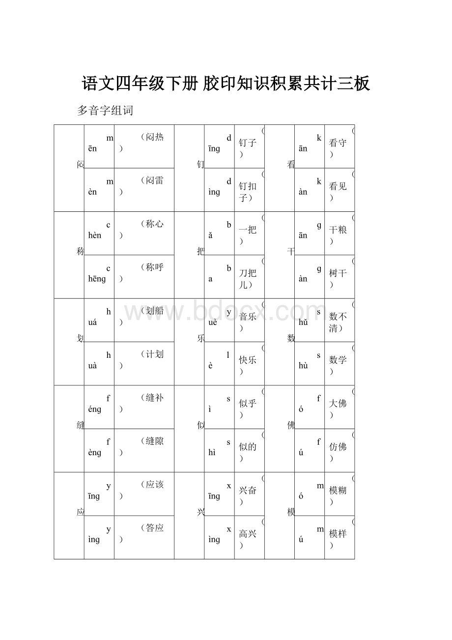 语文四年级下册 胶印知识积累共计三板.docx