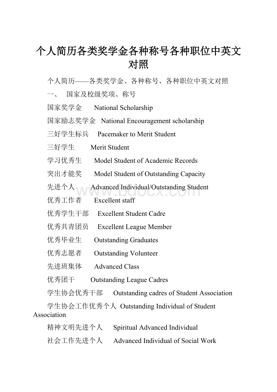 个人简历各类奖学金各种称号各种职位中英文对照.docx_第1页