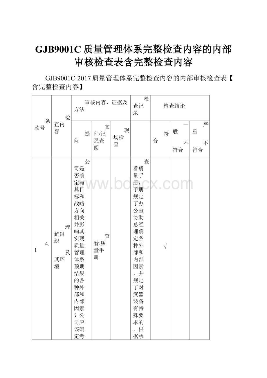 GJB9001C质量管理体系完整检查内容的内部审核检查表含完整检查内容Word下载.docx_第1页