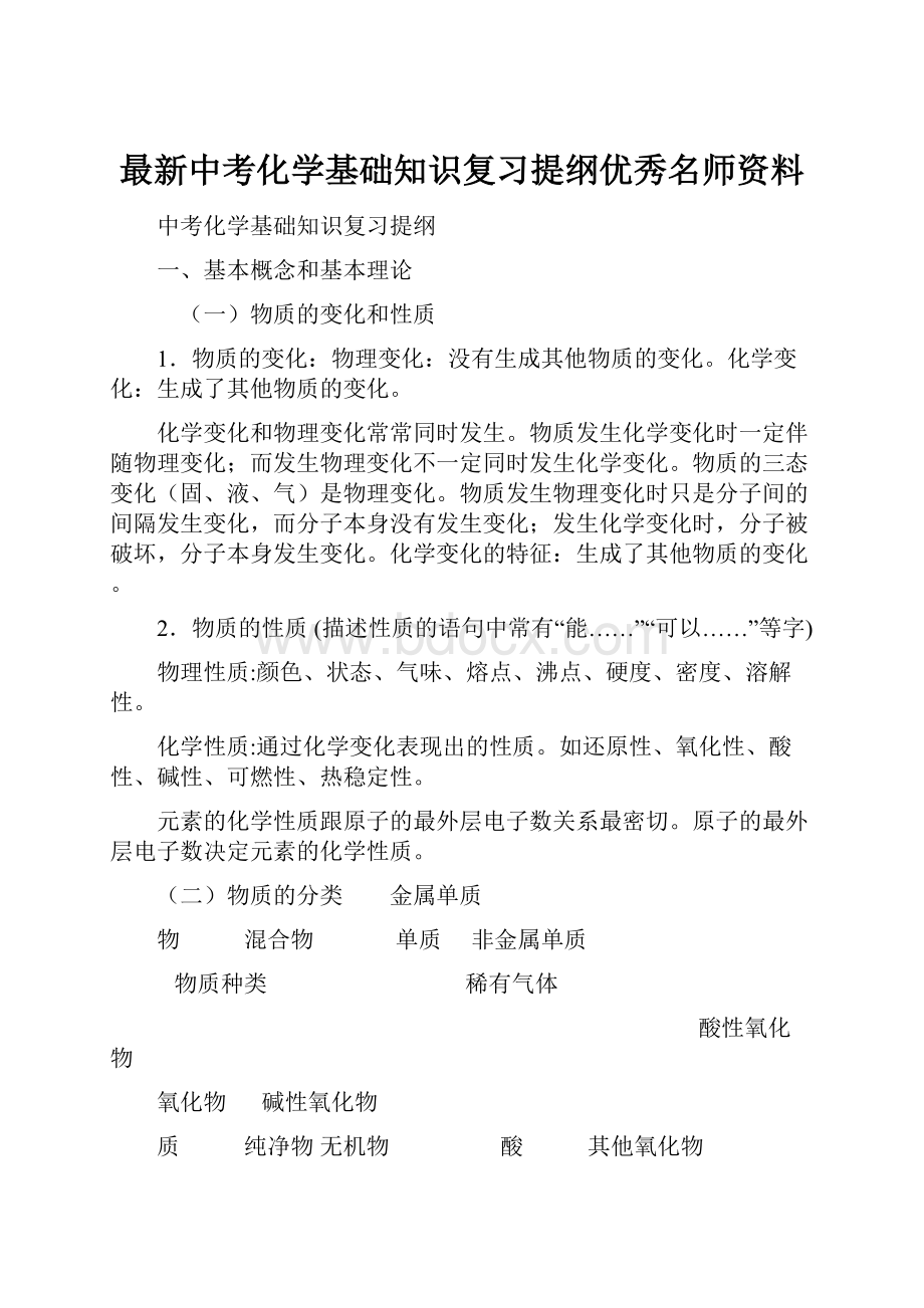 最新中考化学基础知识复习提纲优秀名师资料Word文件下载.docx