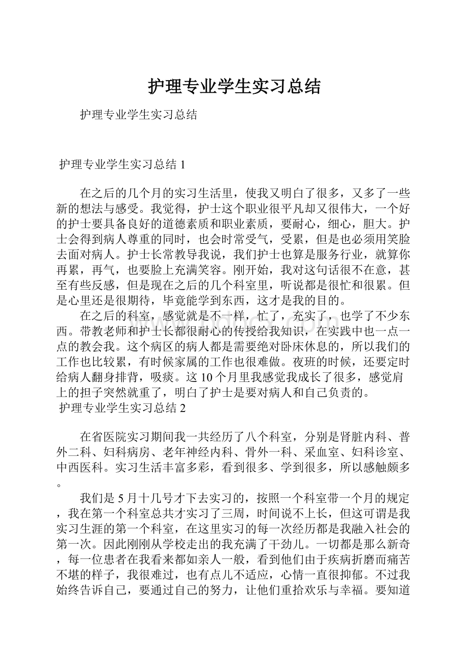 护理专业学生实习总结Word格式文档下载.docx