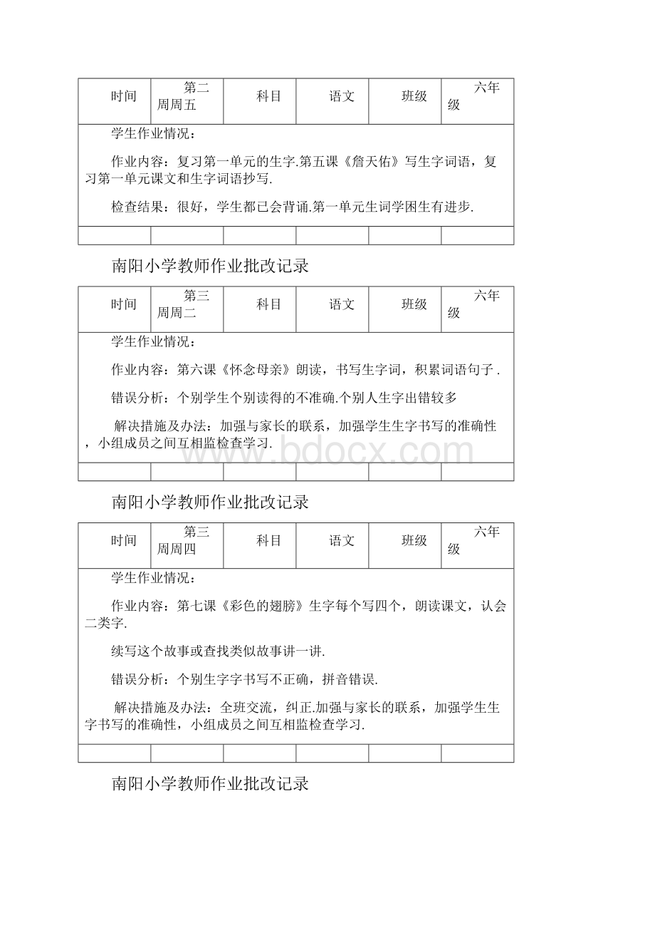 最新人教版小学六年级语文上学期教师作业批改记录.docx_第3页