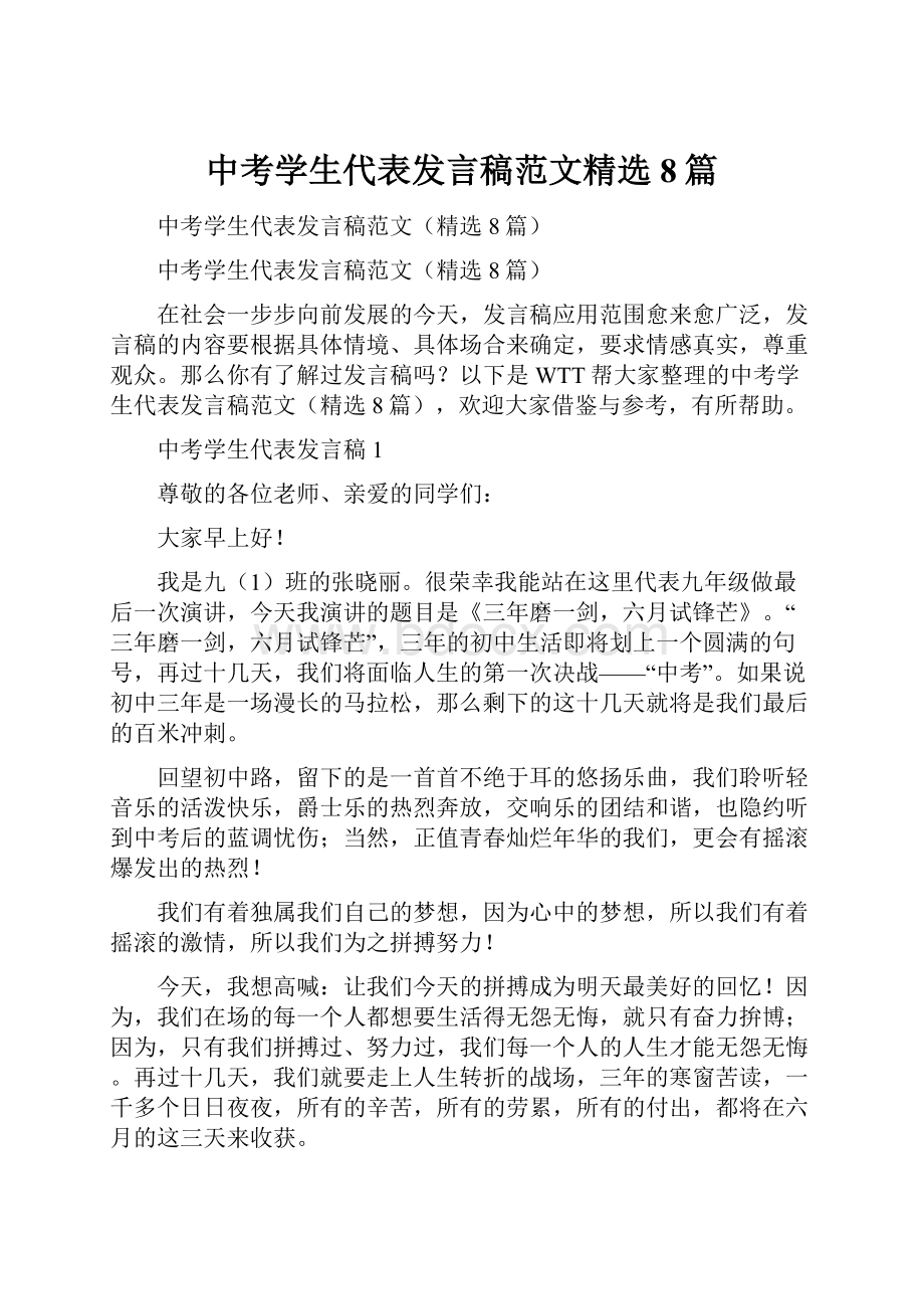 中考学生代表发言稿范文精选8篇文档格式.docx