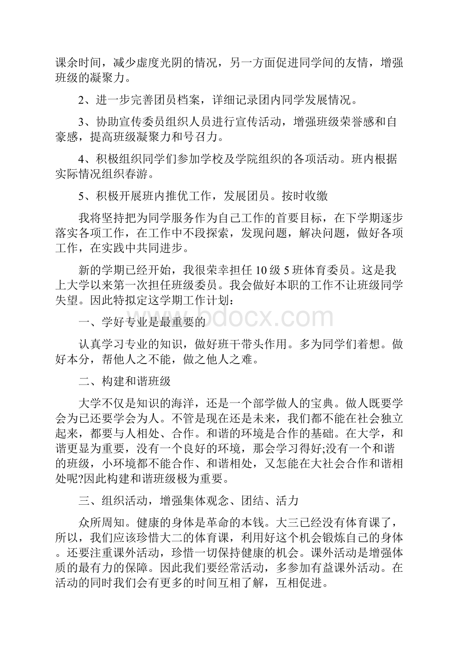 大学体育委员个人工作计划范本Word文档格式.docx_第2页