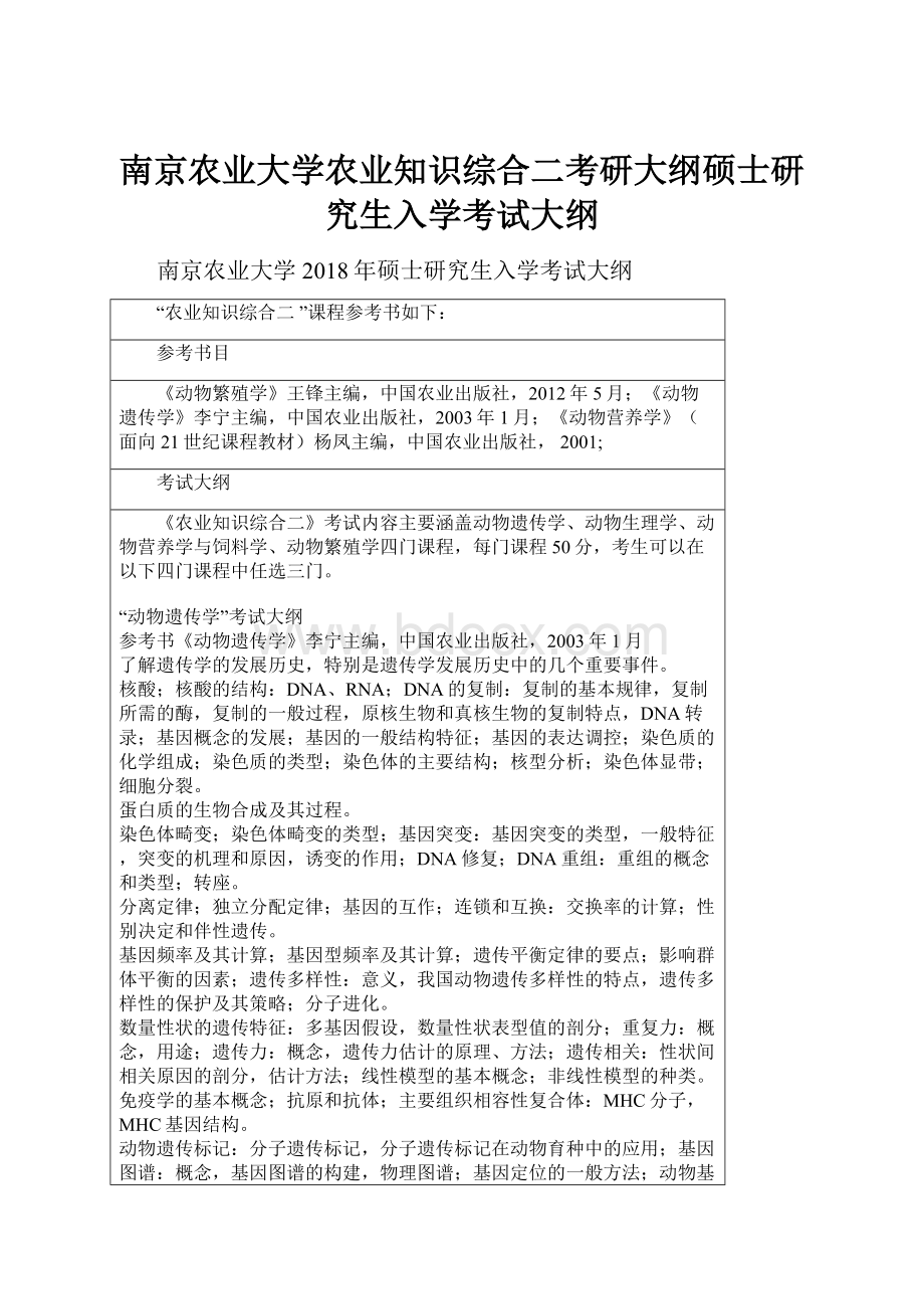 南京农业大学农业知识综合二考研大纲硕士研究生入学考试大纲文档格式.docx_第1页