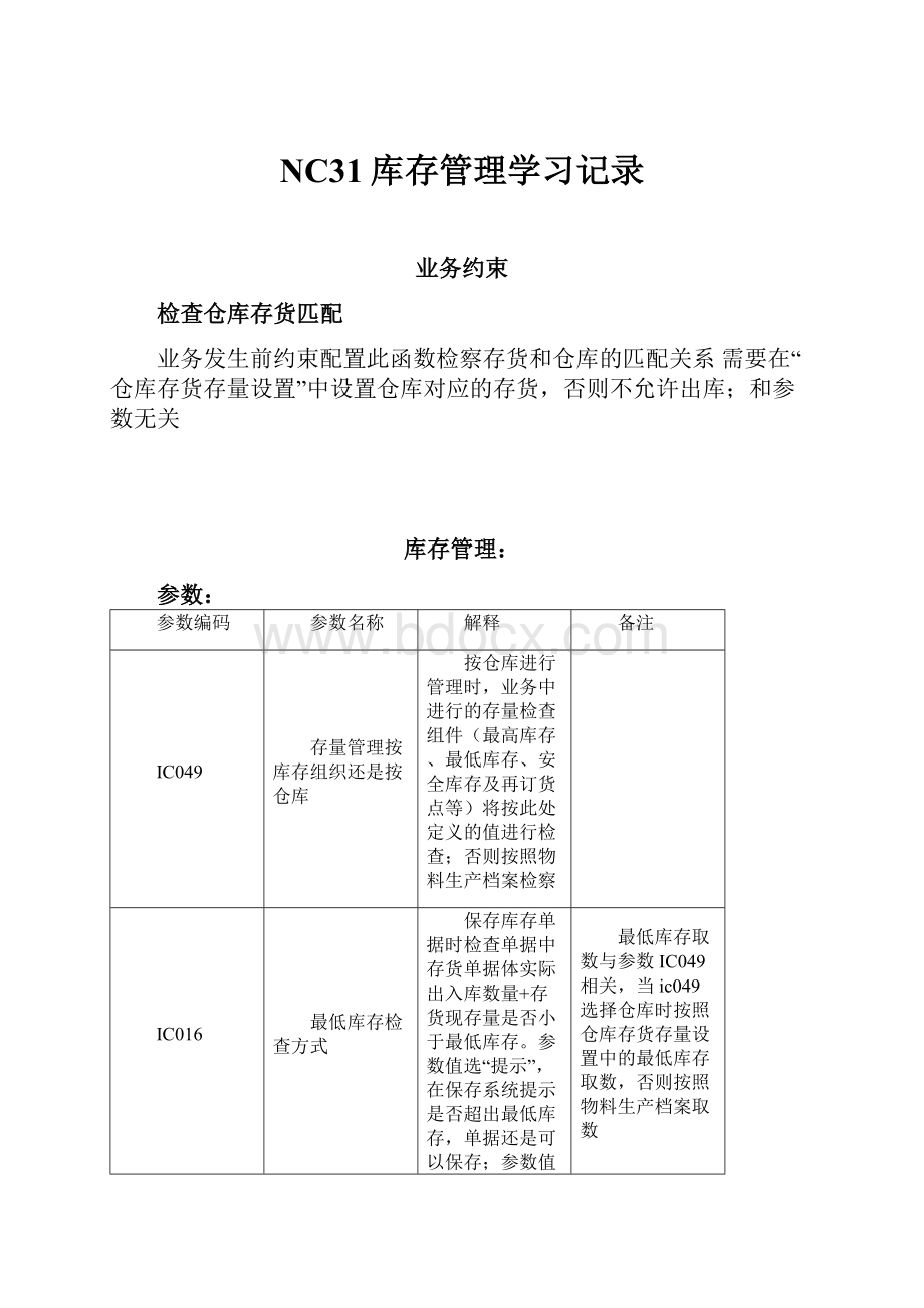 NC31库存管理学习记录Word文档格式.docx