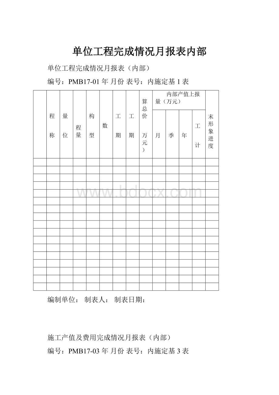 单位工程完成情况月报表内部Word文件下载.docx_第1页