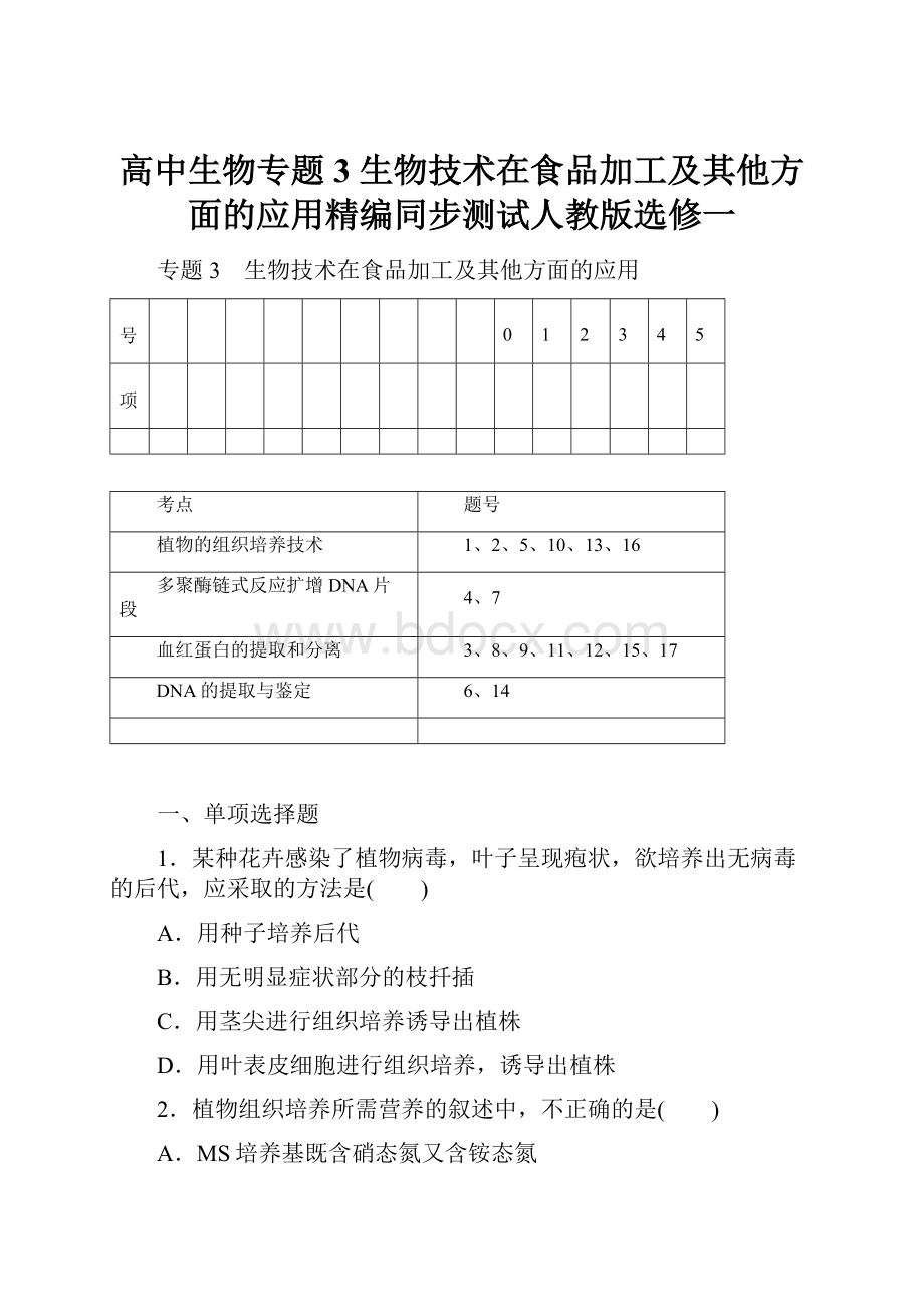 高中生物专题3 生物技术在食品加工及其他方面的应用精编同步测试人教版选修一.docx