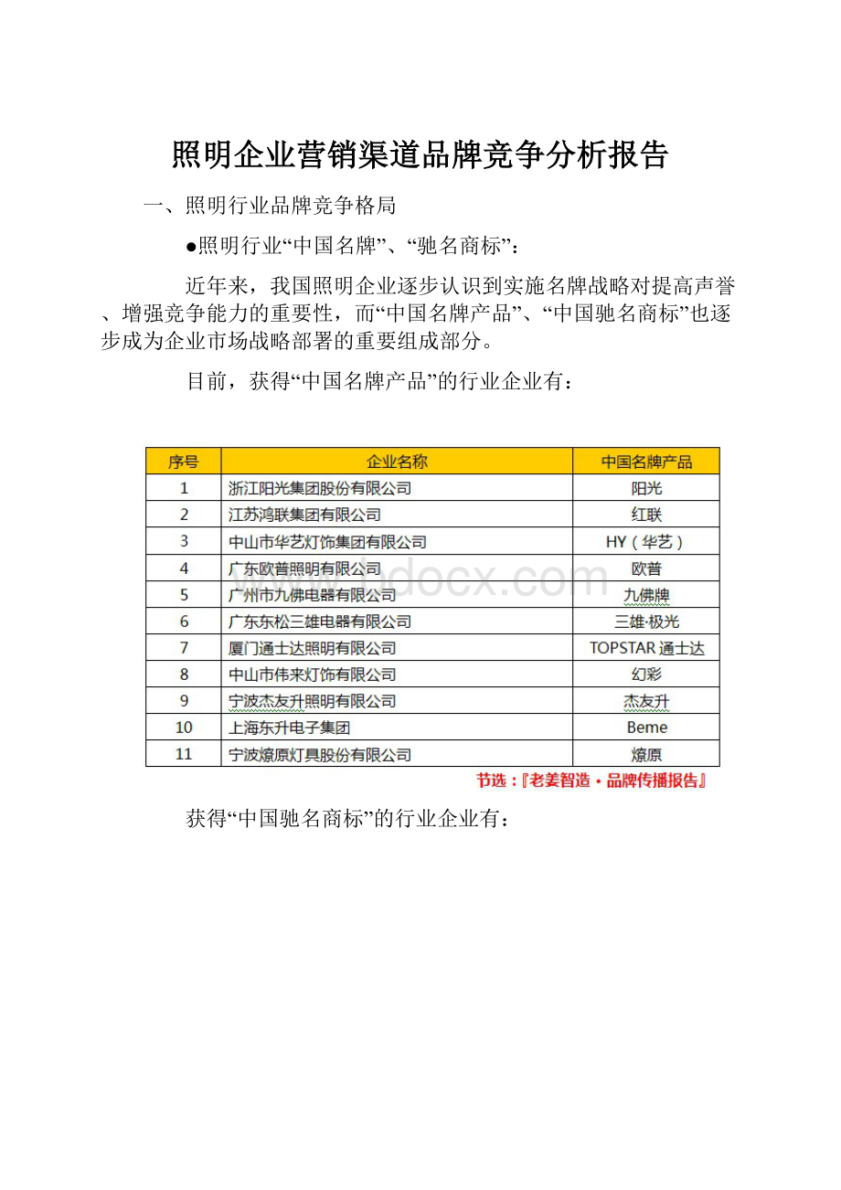 照明企业营销渠道品牌竞争分析报告Word文档下载推荐.docx