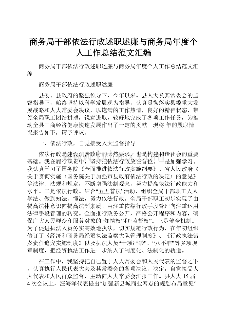 商务局干部依法行政述职述廉与商务局年度个人工作总结范文汇编Word下载.docx