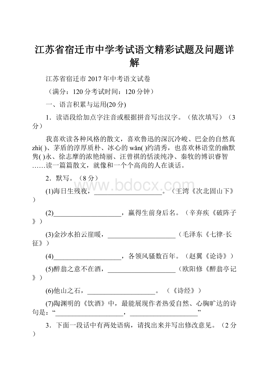 江苏省宿迁市中学考试语文精彩试题及问题详解Word格式.docx