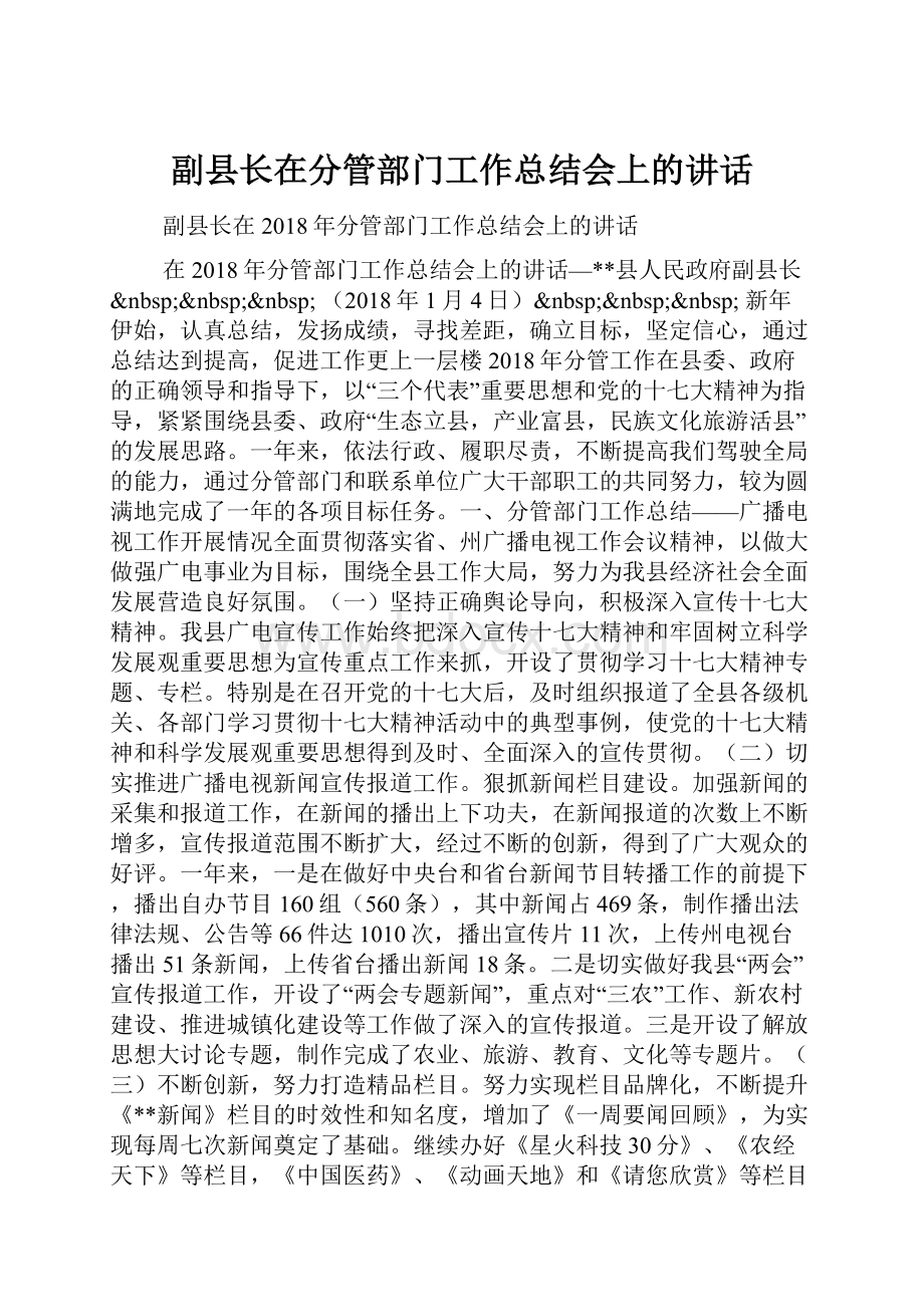 副县长在分管部门工作总结会上的讲话.docx