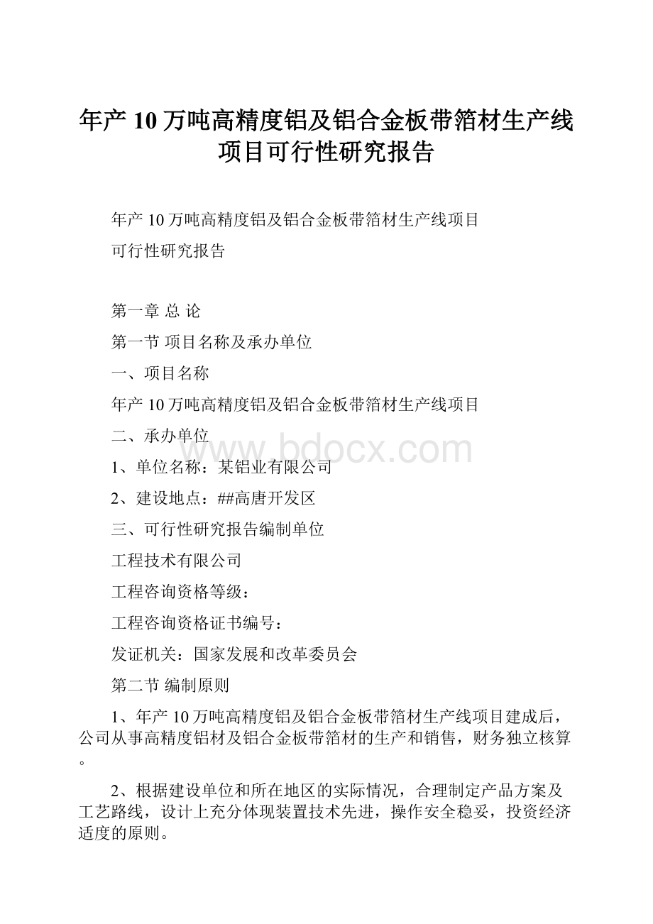 年产10万吨高精度铝及铝合金板带箔材生产线项目可行性研究报告文档格式.docx_第1页