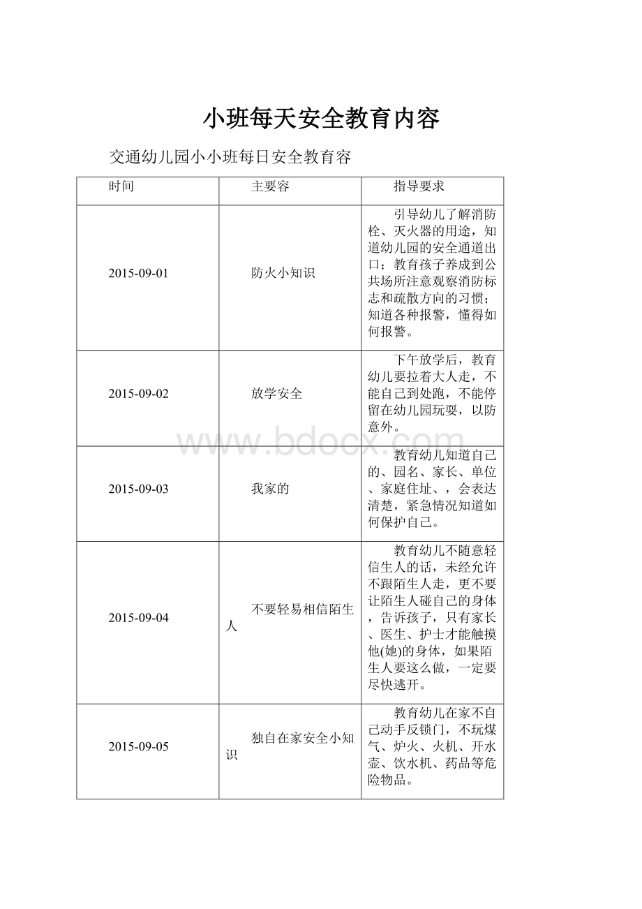 小班每天安全教育内容Word文档格式.docx_第1页