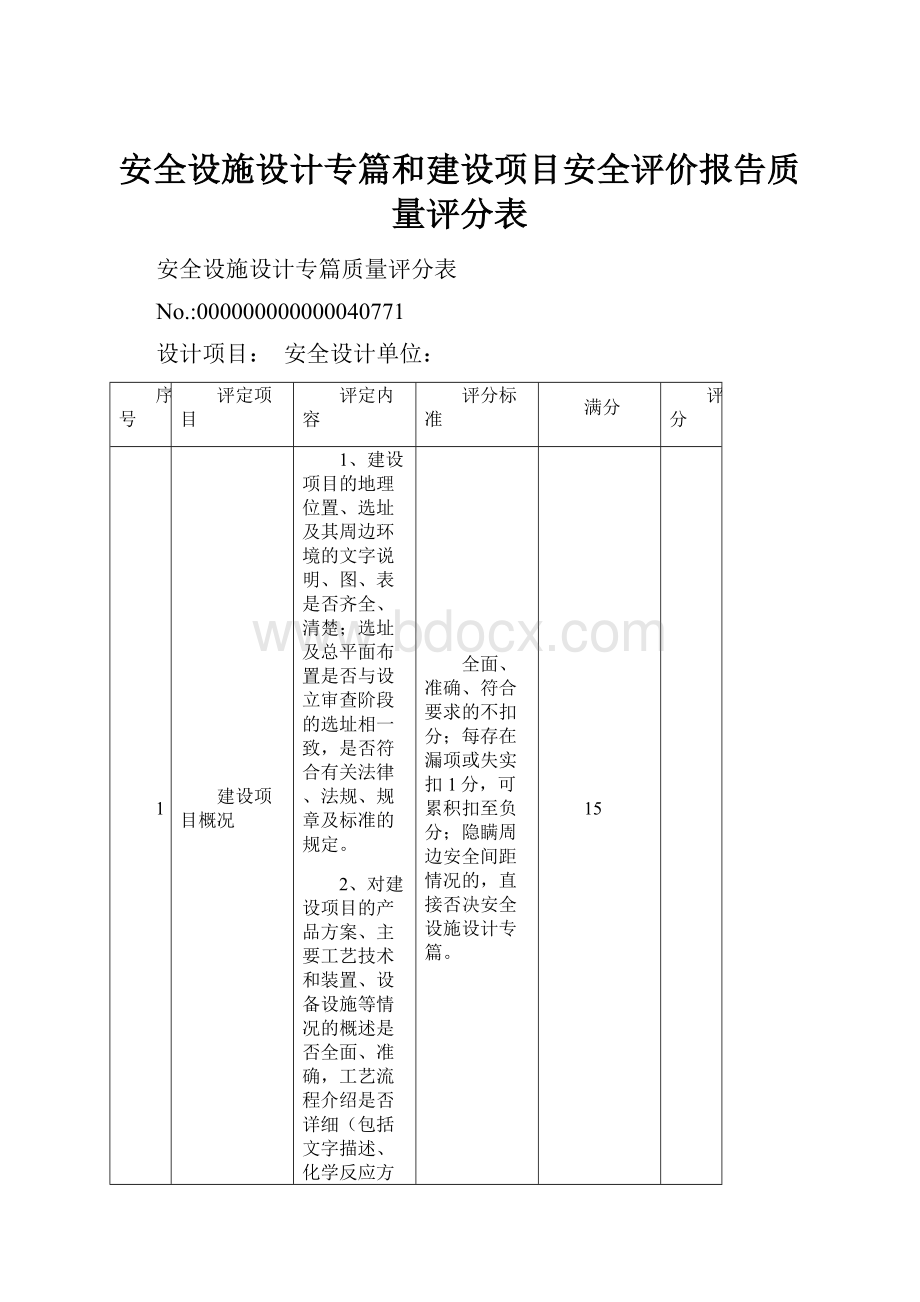 安全设施设计专篇和建设项目安全评价报告质量评分表Word文档下载推荐.docx_第1页