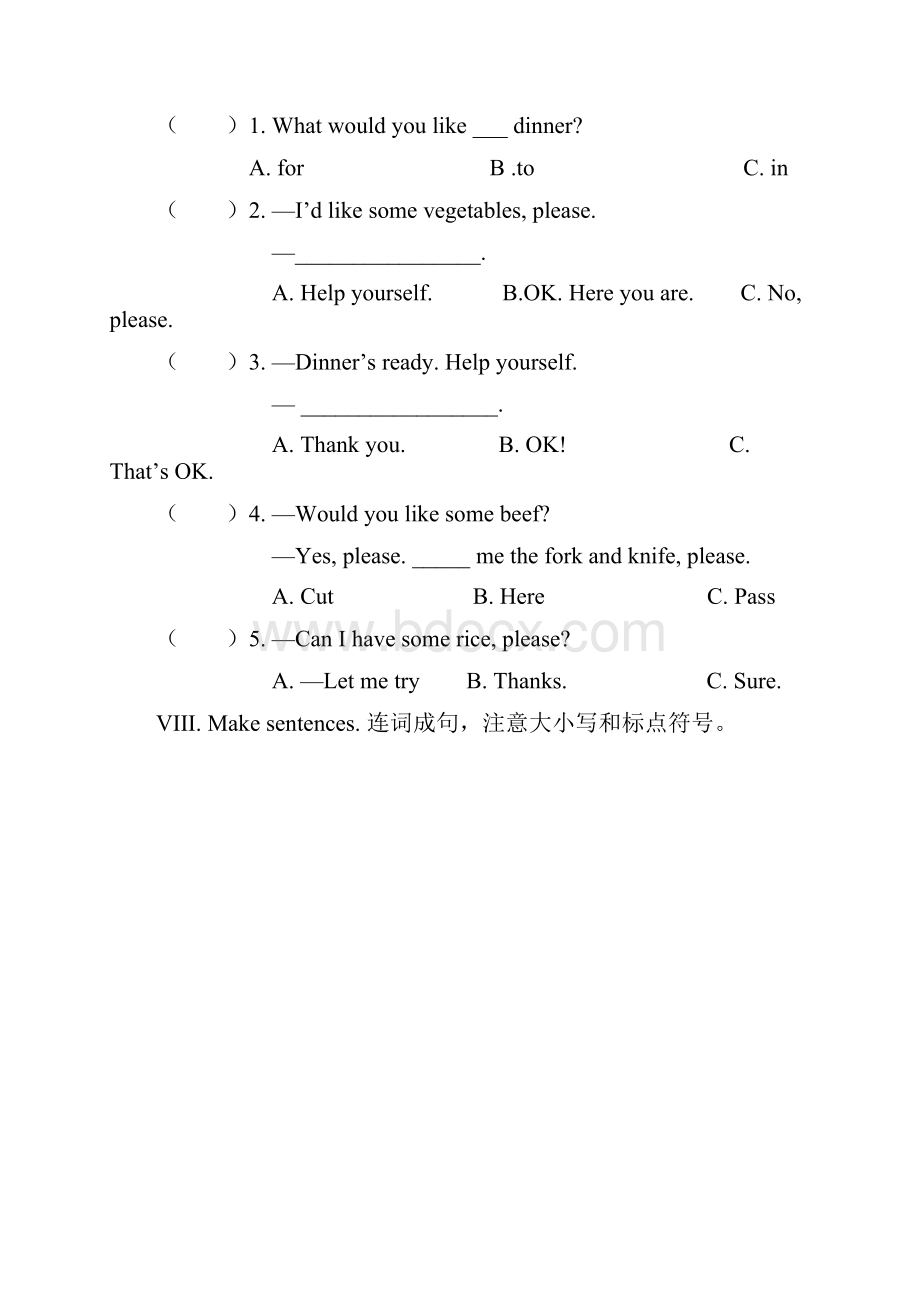 人教PEP四年级英语上册Unit5同步试题含听力材料及答案.docx_第3页