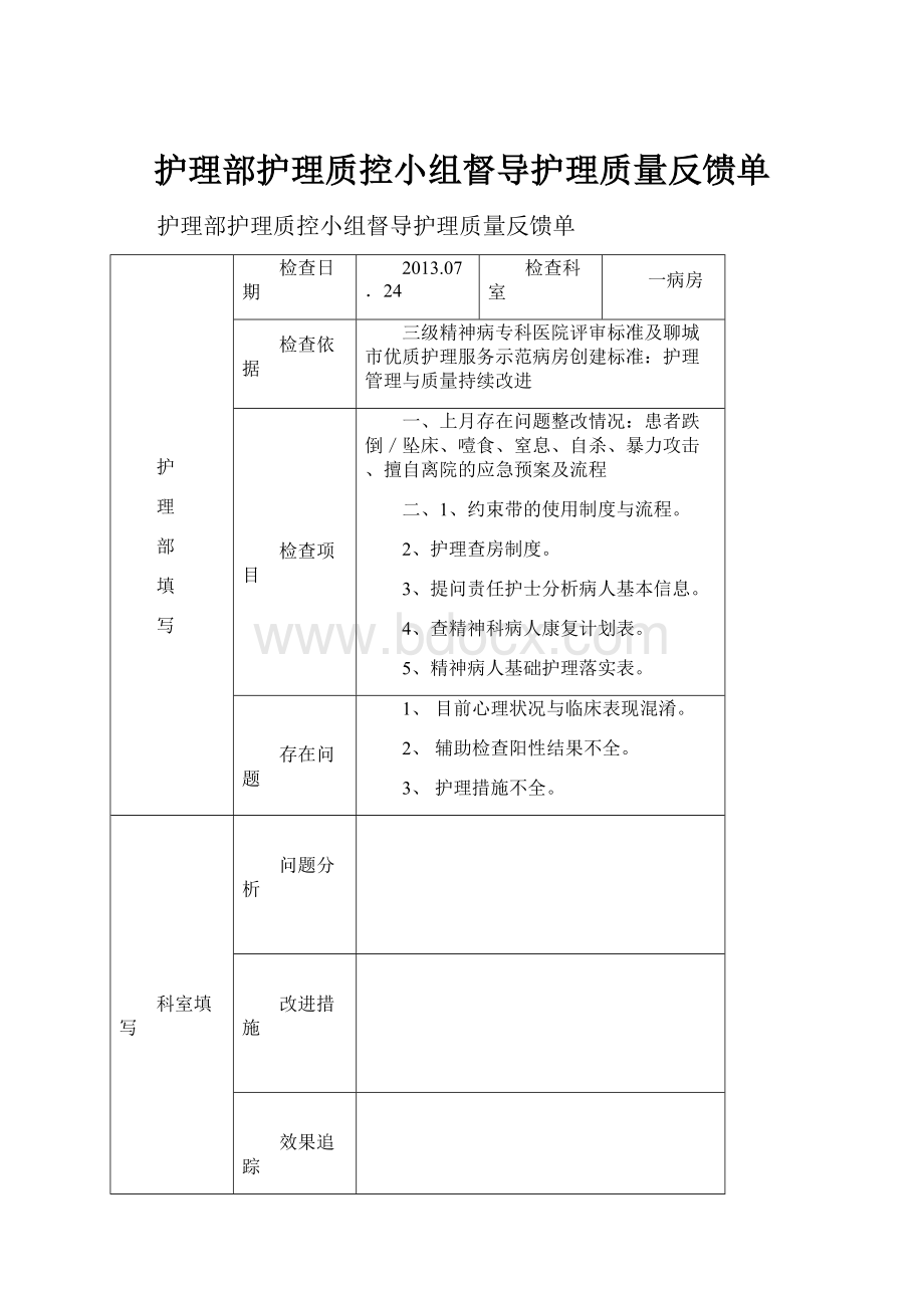 护理部护理质控小组督导护理质量反馈单Word格式文档下载.docx_第1页