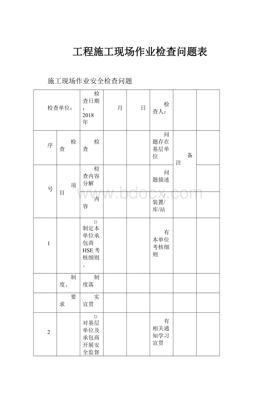 工程施工现场作业检查问题表Word格式.docx