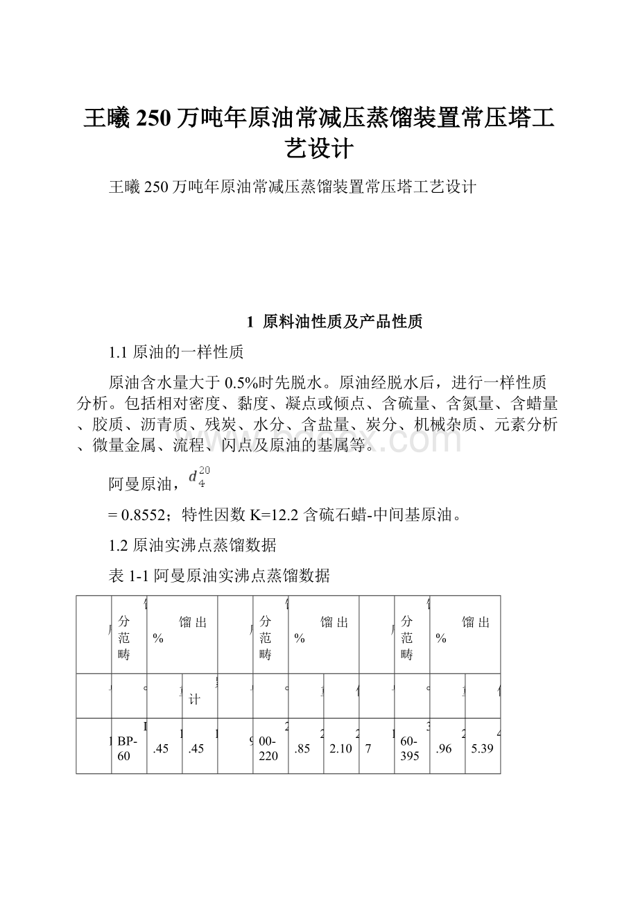 王曦250万吨年原油常减压蒸馏装置常压塔工艺设计.docx_第1页