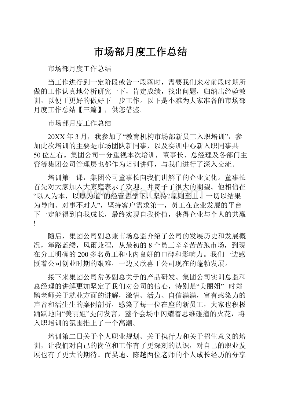 市场部月度工作总结Word格式文档下载.docx