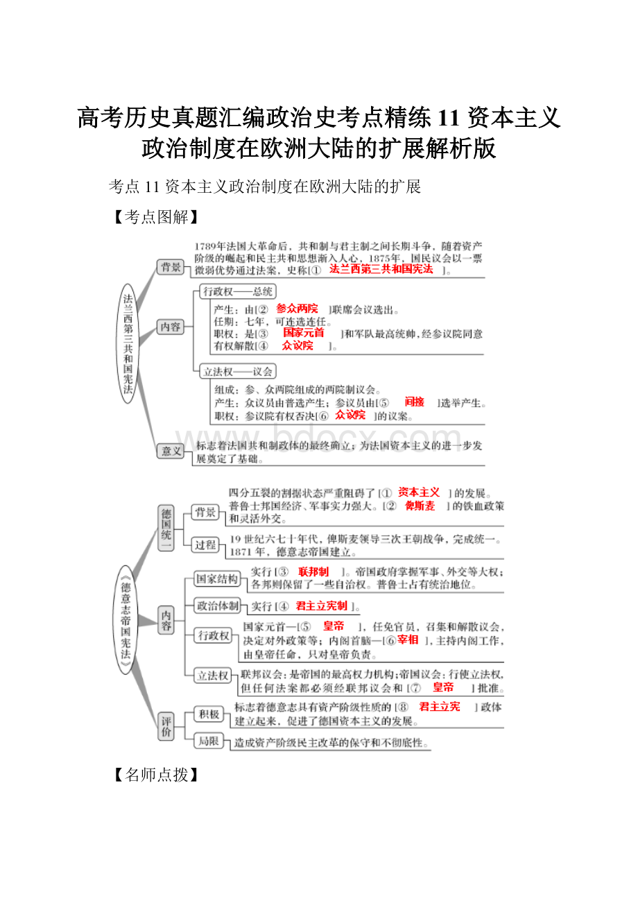 高考历史真题汇编政治史考点精练11资本主义政治制度在欧洲大陆的扩展解析版.docx