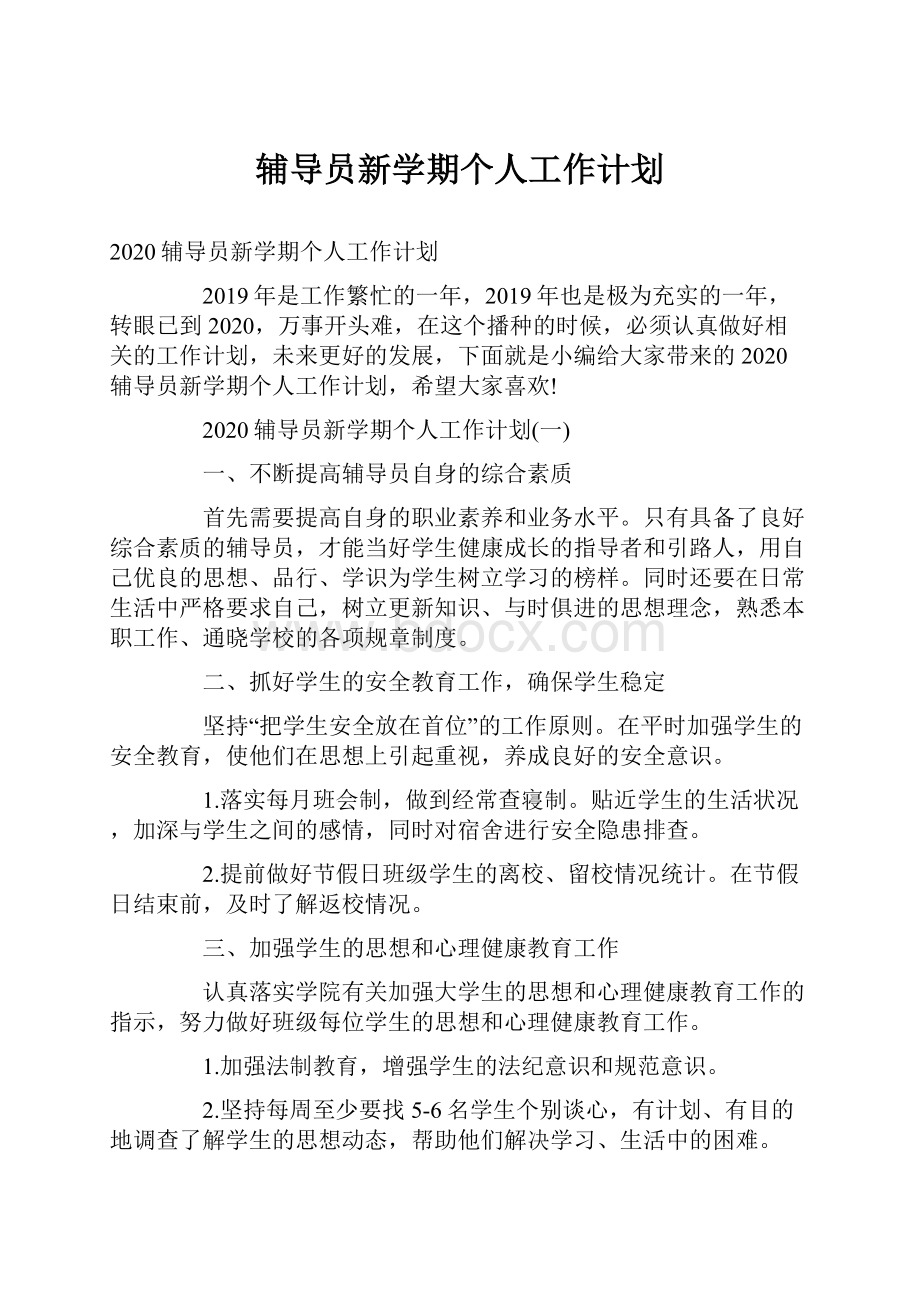 辅导员新学期个人工作计划文档格式.docx