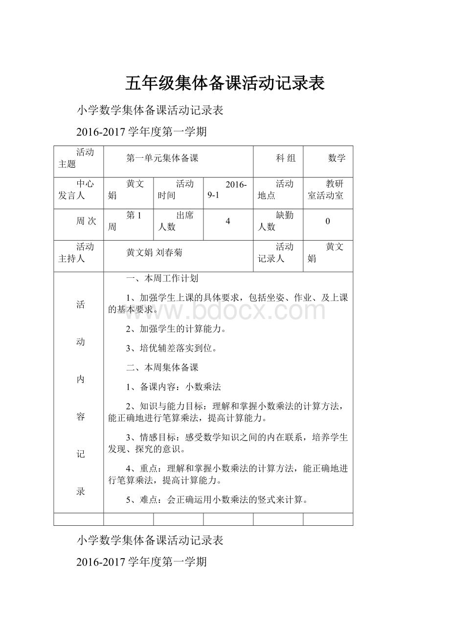 五年级集体备课活动记录表Word文档下载推荐.docx