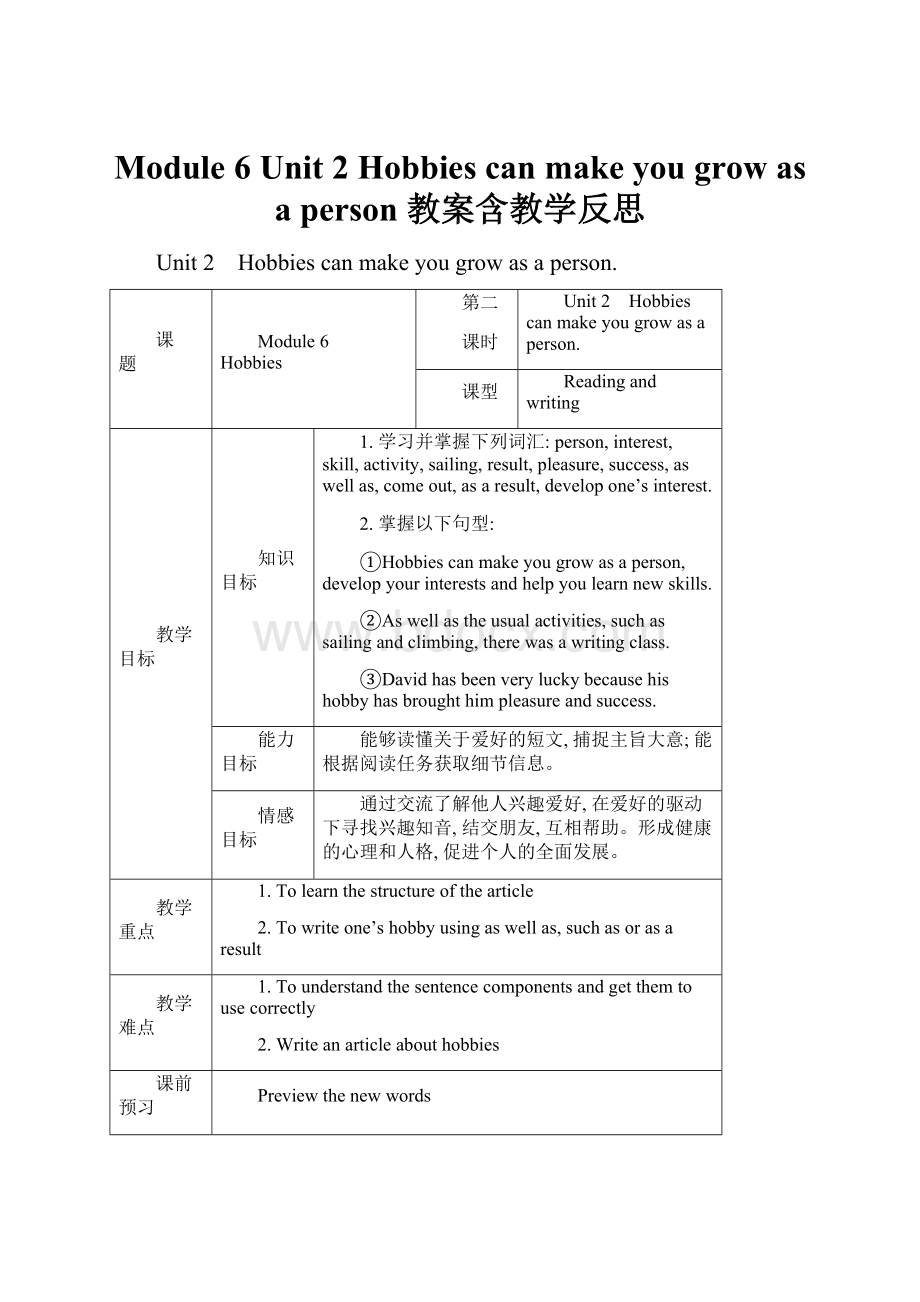 Module 6 Unit 2 Hobbies can make you grow as a person 教案含教学反思Word文档下载推荐.docx