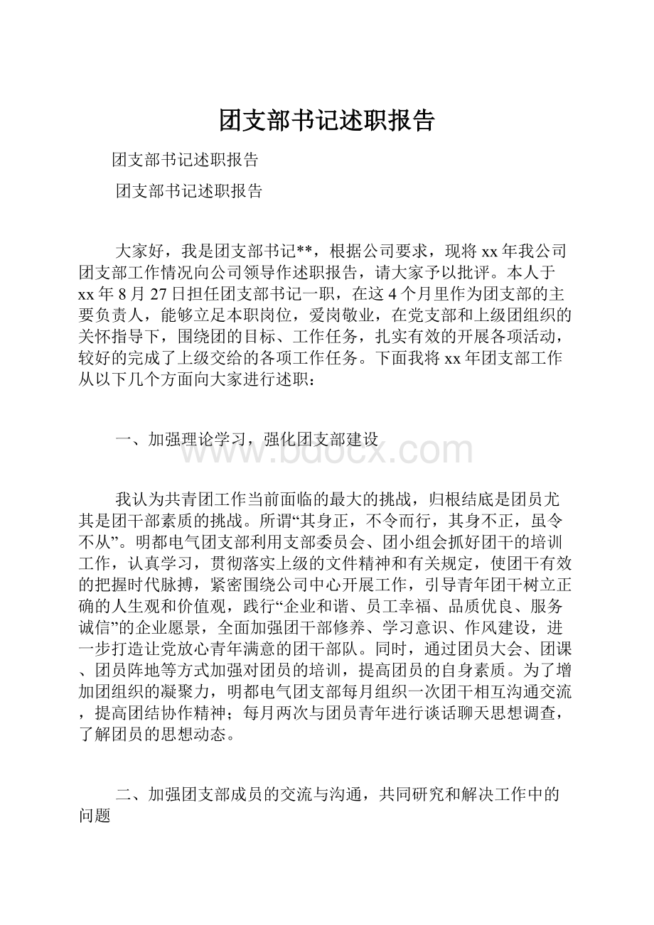 团支部书记述职报告Word格式.docx