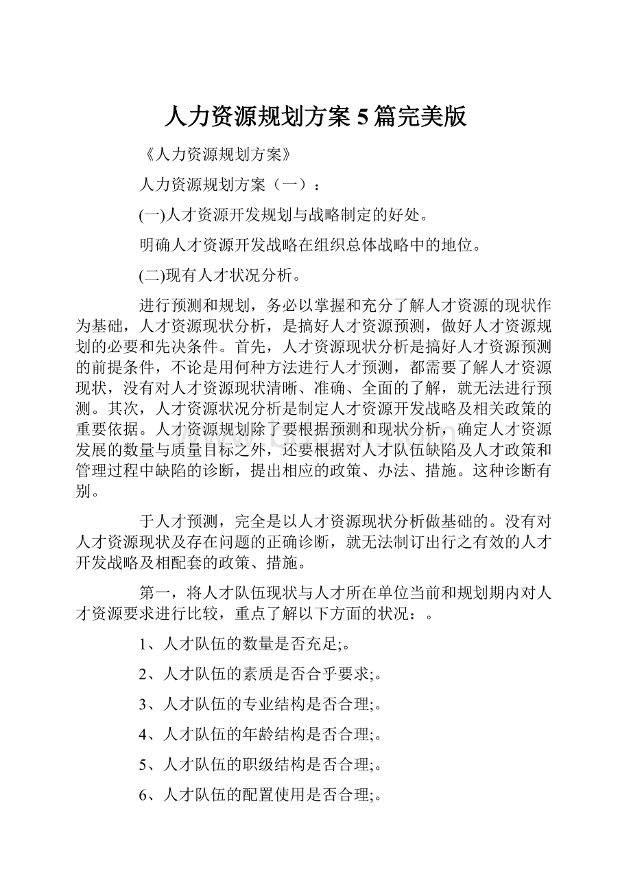 人力资源规划方案5篇完美版Word文档格式.docx