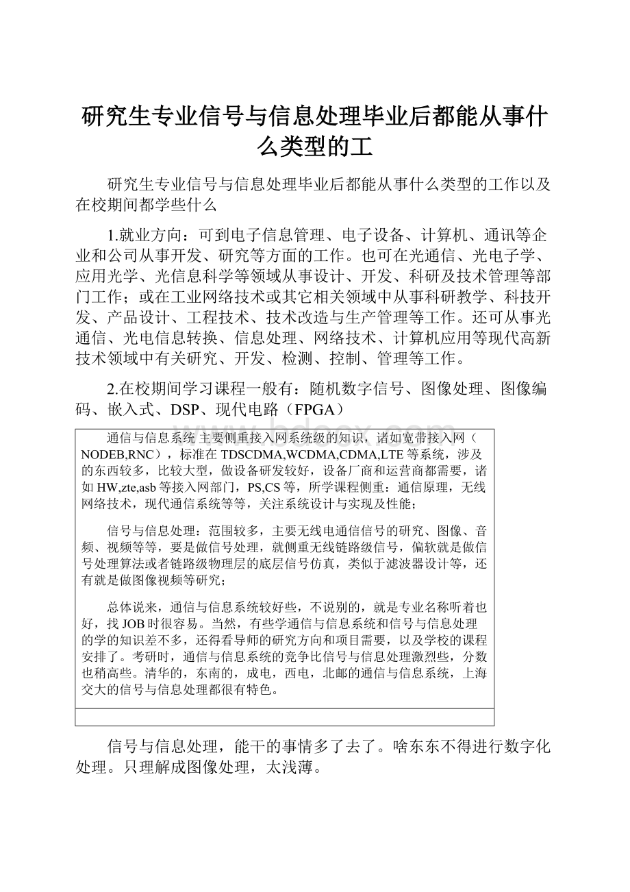 研究生专业信号与信息处理毕业后都能从事什么类型的工文档格式.docx_第1页