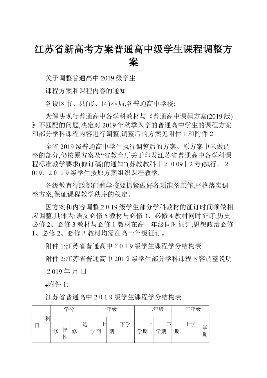 江苏省新高考方案普通高中级学生课程调整方案Word格式文档下载.docx